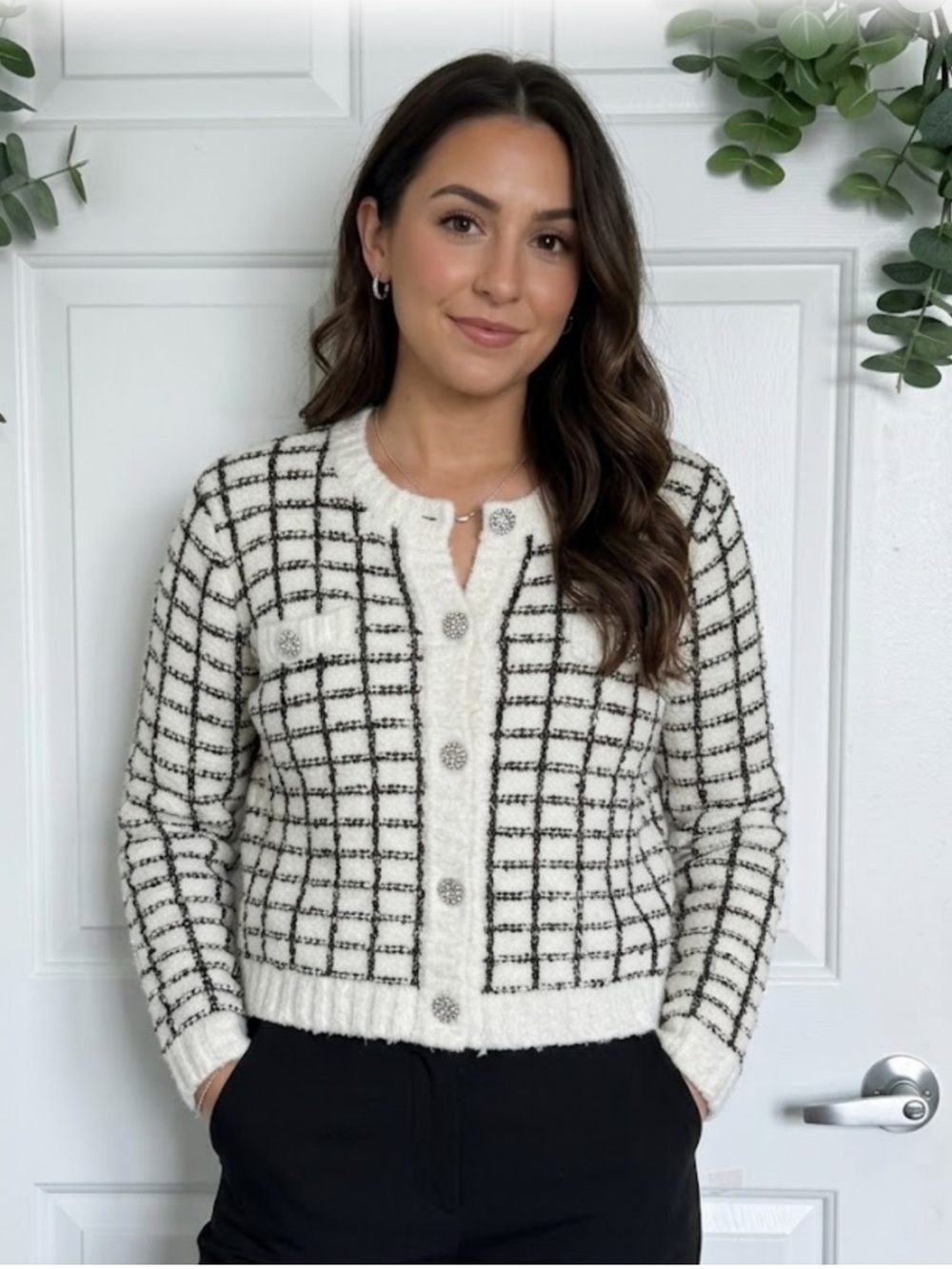 Ann Taylor Cream Knit Cardigan with Black Trim